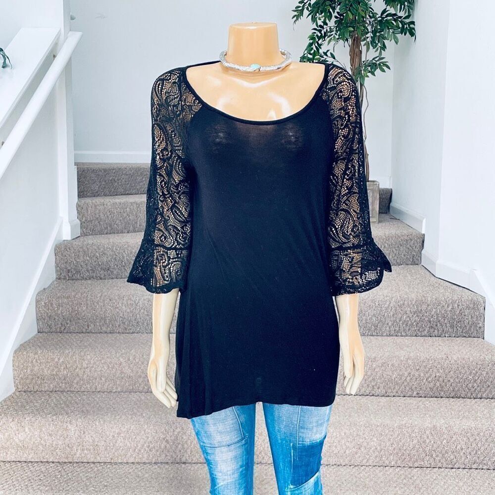 Fotia  Sz L Black Stretchy 3/4 Lace Sleeve Round Neck Back Slit Top / Blouse